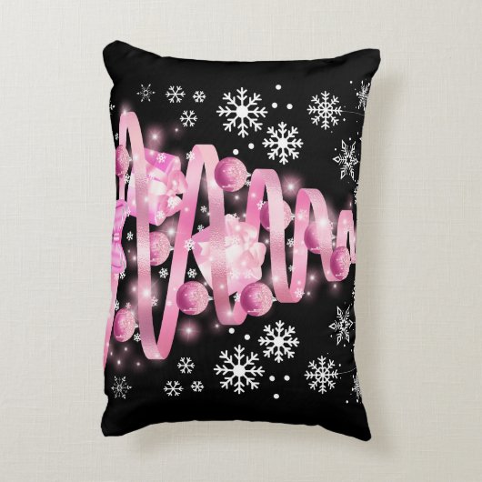 ホワイトスノーフレークライトピンクリボンクリスマスツリー アクセントクッション (裏面(縦))