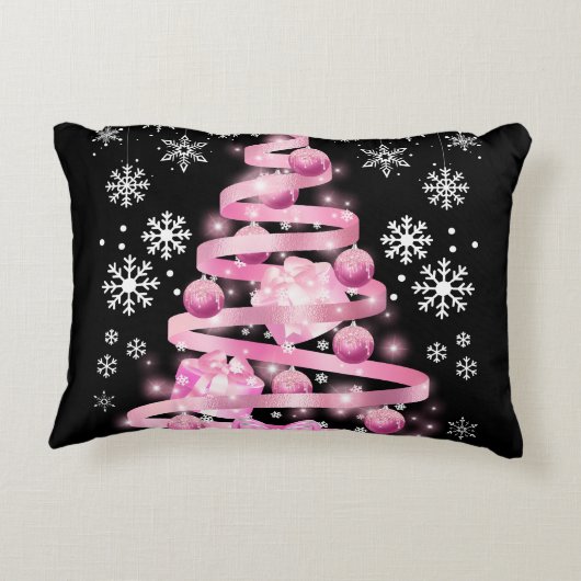 ホワイトスノーフレークライトピンクリボンクリスマスツリー アクセントクッション (裏面)