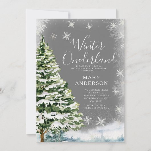 ホワイトスノーフレーク冬のオーネダーランド1st誕生日 招待状 (正面)