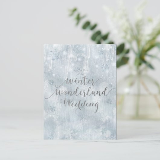 ホワイトスノーフレーク冬のワンダーランド日付を保存 案内ポストカード (スタンド正面)