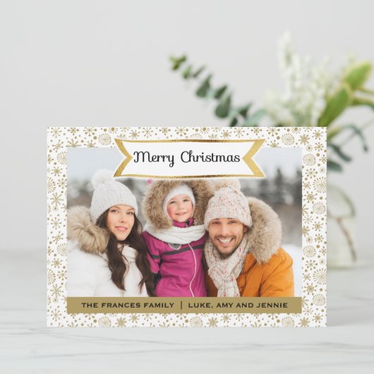 ホワイトスノーフレーク金ゴールドフォトクリスマスカード シーズンカード (スタンド正面)