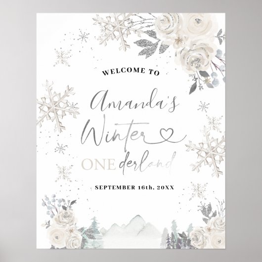 ホワイトスノーフレーク1stバースデーウェルカムサイン ポスター (正面)
