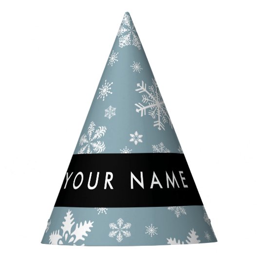 ホワイトスノーフレーク，グレー，あなたの名前，パーソナライズ パーティーハット (正面)