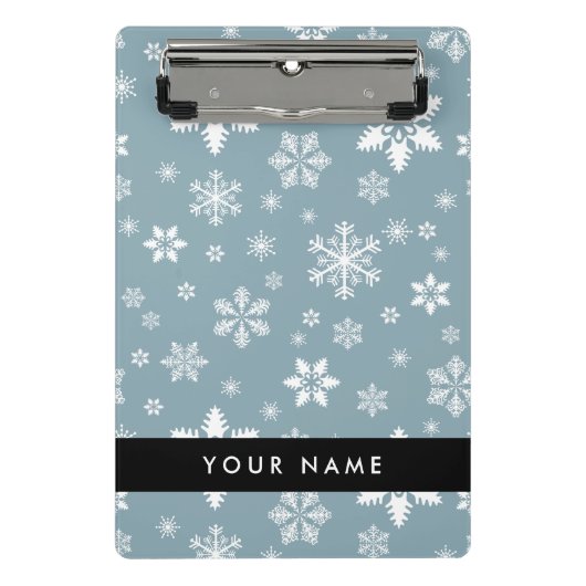 ホワイトスノーフレーク，グレー，あなたの名前，パーソナライズ ミニクリップボード (正面)