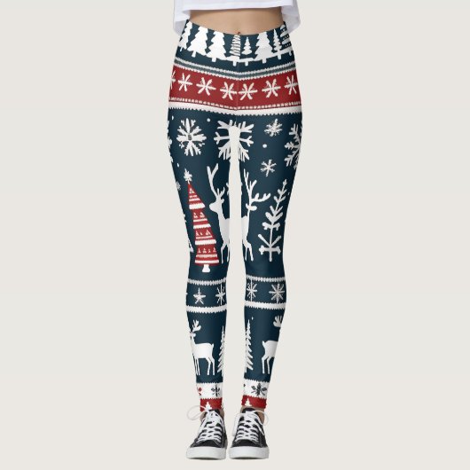 ホワイトスノーフレーク，トナカイ，ホリデークリスマス レギンス (正面)