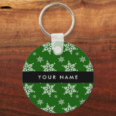 ホワイトスノーフレーク，緑，あなたの名前，パーソナライズ キーホルダー (正面)
