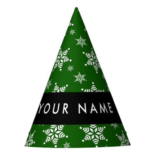 ホワイトスノーフレーク，緑，あなたの名前，パーソナライズ パーティーハット (正面)