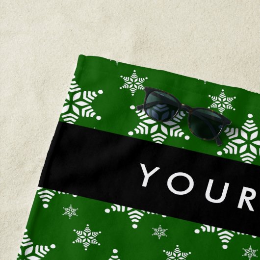 ホワイトスノーフレーク，緑，あなたの名前，パーソナライズ ビーチタオル (インサイチュ)