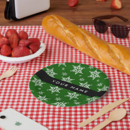 ホワイトスノーフレーク，緑，あなたの名前，パーソナライズ ペーパープレート