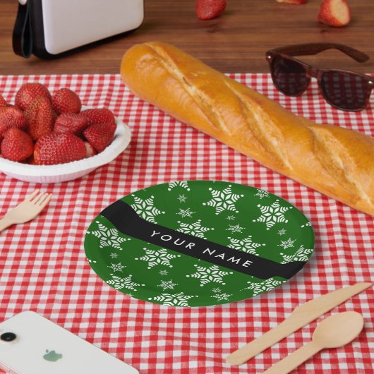 ホワイトスノーフレーク,緑,あなたの名前,パーソナライズ ペーパープレート (ピクニック)