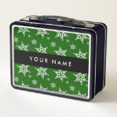 ホワイトスノーフレーク,緑,あなたの名前,パーソナライズ メタルランチボックス (裏面)