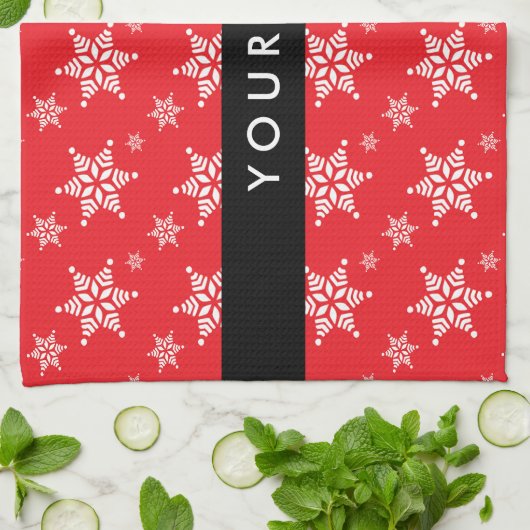 ホワイトスノーフレーク，赤，あなたの名前，パーソナライズ キッチンタオル (折り畳み)
