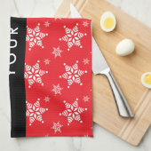 ホワイトスノーフレーク，赤，あなたの名前，パーソナライズ キッチンタオル (四つ折り)