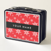 ホワイトスノーフレーク，赤，あなたの名前，パーソナライズ メタルランチボックス (裏面)
