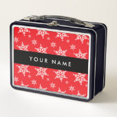 ホワイトスノーフレーク，赤，あなたの名前，パーソナライズ メタルランチボックス (正面)