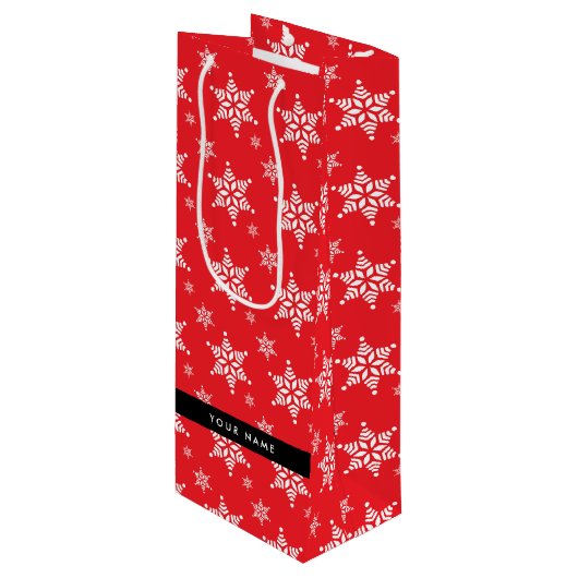 ホワイトスノーフレーク，赤，あなたの名前，パーソナライズ ワインギフトバッグ (正面アングル)