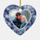 ホワイトスノー縁どフレックスオンブルー写真テンプレート セラミックオーナメント (正面)