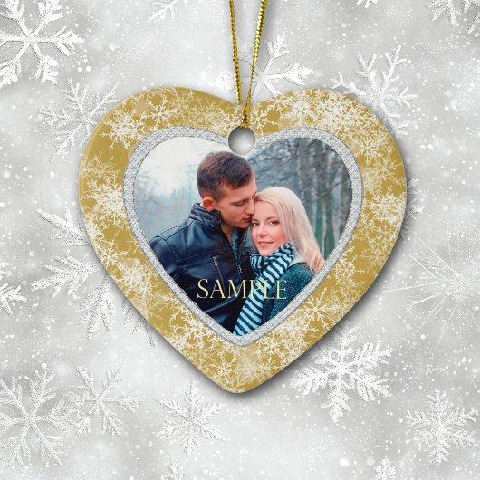 ホワイトスノー縁どフレークオン金ゴールド写真テンプレート セラミックオーナメント