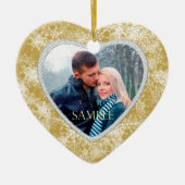 ホワイトスノー縁どフレークオン金ゴールド写真テンプレート セラミックオーナメント (正面)