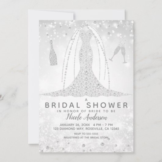 ホワイトスパークルダイヤモンド結婚ズドレスブライダルシャワー 招待状 (正面)