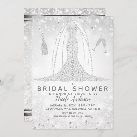 ホワイトスパークルダイヤモンド結婚ズドレスブライダルシャワー 招待状 (正面/裏面)