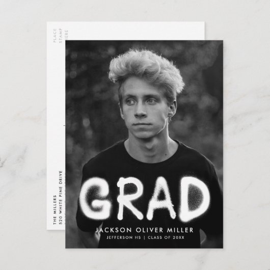 ホワイトスプレイ絵を描トフォト卒業パーティー インビテーションポストカード (正面/裏面)