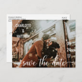 ホワイトスモダンクリプト結婚式PHOTO付き日付の保存 案内ポストカード (正面/裏面)