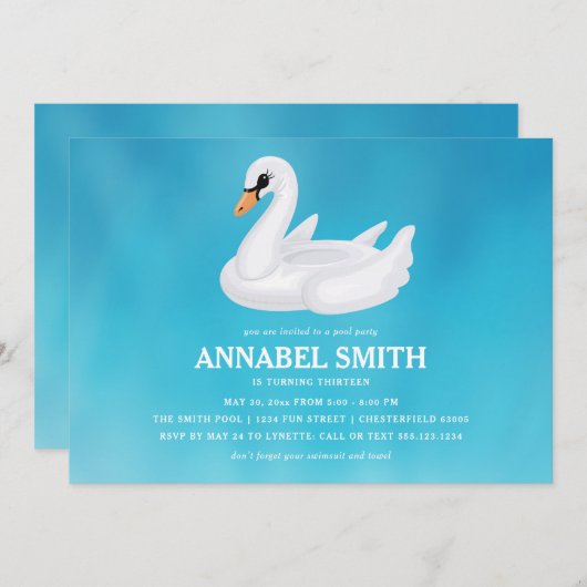ホワイトスワンフロート誕生日プールパーティー 招待状 (正面/裏面)