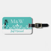 ホワイトスワーズ新郎新婦ティール（緑がかった色）エレガントな結婚式 ラゲッジタグ (正面横)