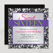 ホワイトスワールオンブラックスウィート16誕生日 招待状 (正面/裏面)