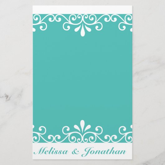 ホワイトスワール新郎新婦ティール（緑がかった色）エレガントな結婚式 便箋 (正面)