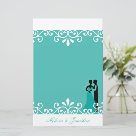 ホワイトスワール新郎新婦ティール（緑がかった色）エレガントな結婚式 便箋 (スタンド正面)