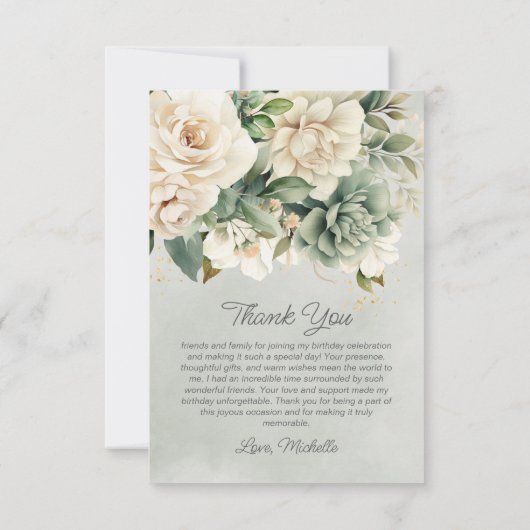 ホワイトセージグリーンフローラルゴールドバースデーサンクス サンキューカード (裏面)
