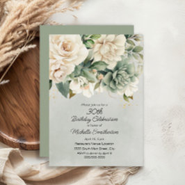 ホワイトセージグリーンフローラ金ゴールド30th誕生日 招待状