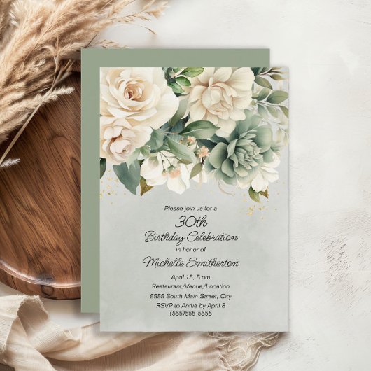 ホワイトセージグリーンフローラ金ゴールド30th誕生日 招待状