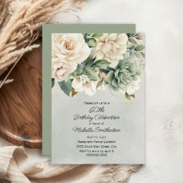ホワイトセージグリーンフローラ金ゴールド60誕生日 招待状