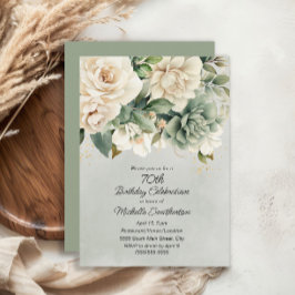 ホワイトセージグリーンフローラ金ゴールド70誕生日 招待状