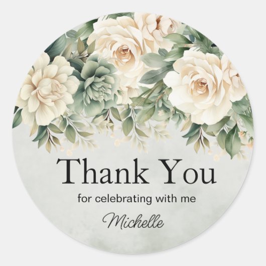 ホワイトセージグリーン フローラル ゴールド バースデー サンクス ラウンドシール (正面)