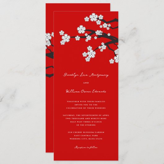 ホワイトゼン桜さくらんぼ咲き赤アジア結婚の 招待状 (正面/裏面)