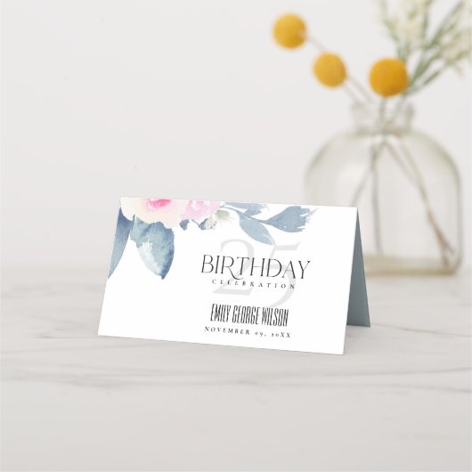 ホワイトソフト赤面ブルーフローラ25TH ANY AGE誕生日 プレイスカード (裏面)