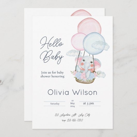 ホワイトゾウミニマルンベビーシャワー招待状 招待状 (正面/裏面)