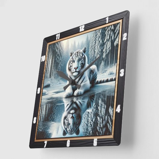 ホワイトタイガーの雪の反射 スクエア壁時計 (傾斜)