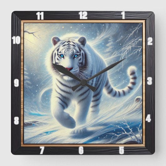 ホワイトタイガースノーシーン時計 スクエア壁時計 (正面)