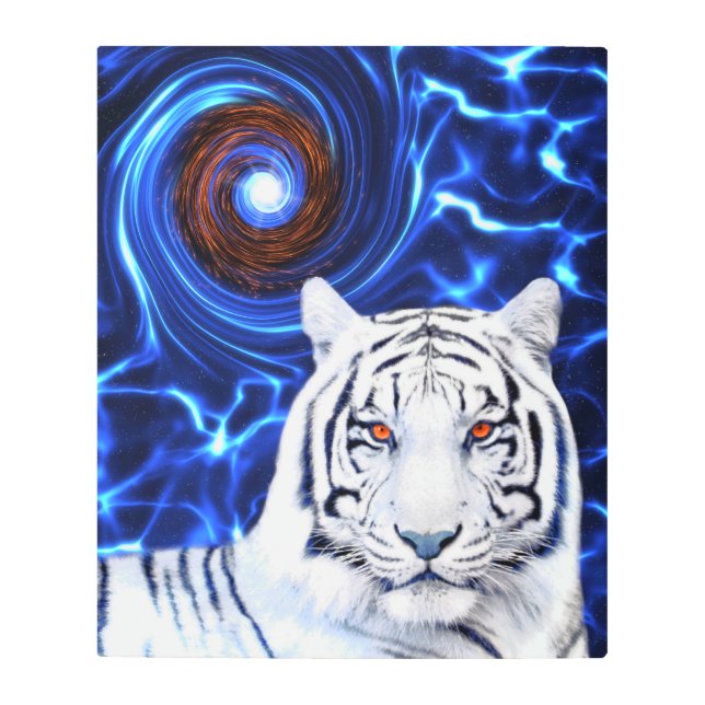 ホワイトタイガースピリット動物ブルーボルテックスメタルアート メタルプリント (正面)