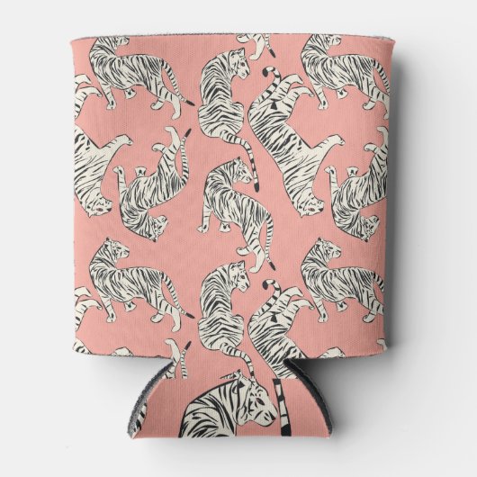ホワイトタイガース：ピンクのエキゾチックなパターン 缶クーラー (正面)