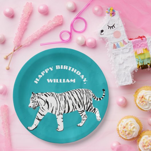 ホワイトタイガーティール（緑がかった色）、ターコイズブルーパーソナライズされた ペーパープレート (パーティー)