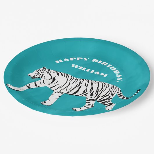 ホワイトタイガーティール（緑がかった色）、ターコイズブルーパーソナライズされた ペーパープレート (アングル)