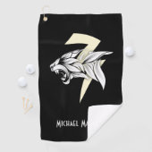 ホワイトタイガーヘッドとサンダーボルト黒背景 ゴルフタオル (インサイチュ)