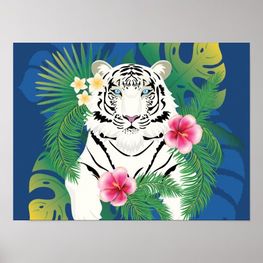 ホワイトタイガーポートレートと熱帯葉 ポスター (正面)