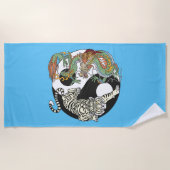 ホワイトタイガー対グリーンドラゴンの陰陽 ビーチタオル (正面)